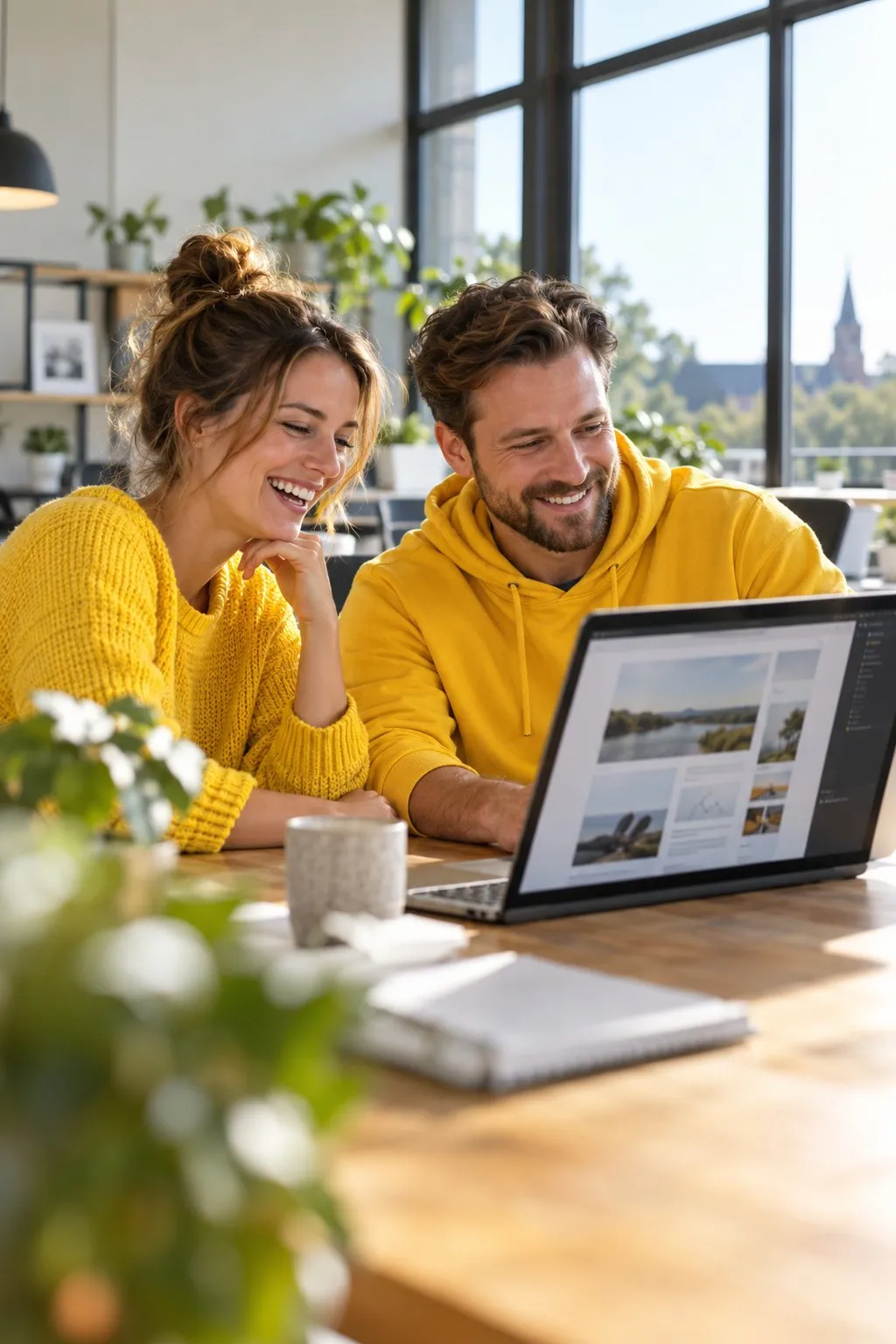 Frau und Mann in gelben Pullovern schauen lachend gemeinsam auf ein Website-Layout am Laptop